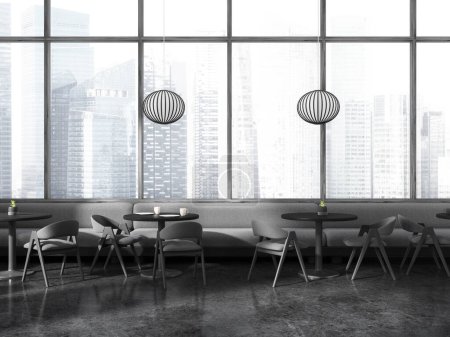 Foto de Cafetería interior oscura con sillas grises y mesa redonda en fila. Acogedor espacio de comedor cafetería con sofá a lo largo de la ventana panorámica de los rascacielos de Singapur. Renderizado 3D - Imagen libre de derechos