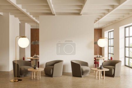 Photo for Restaurant interior with soft chairs and tables in row. Cozy cafe eating space with mock up copy space partition and panoramic window on tropics. 3D rendering - Royalty Free Image