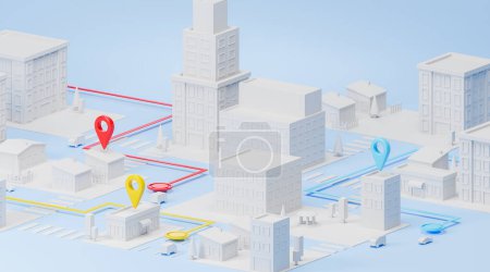 Photo for City map with abstract buildings and colorful geo tag with route calculations. Concept of taxi, delivery service and traffic route direction. 3D rendering illustration - Royalty Free Image