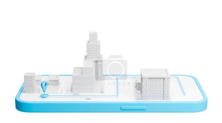 Foto de Vista de la ciudad blanca en la pantalla del smartphone con la aplicación de navegación GPS y el pin de navegación geotag en el mapa. Concepto de aplicación de navegación por satélite. renderizado 3d - Imagen libre de derechos