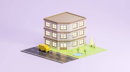 Foto de Vista del colorido edificio modelo maniquí con carretera, camión y algunos árboles sobre fondo púrpura. Concepto de arquitectura, diseño y construcción de edificios industriales. renderizado 3d - Imagen libre de derechos