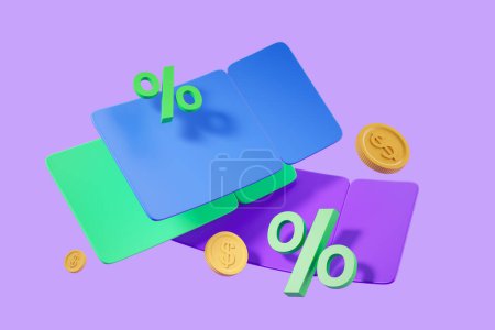 Photo for View of green, blue and purple promo code coupons, dollar coins and percent signs over violet background. Concept of sale and discount for products and shows. 3d rendering - Royalty Free Image
