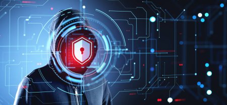 Photo for Hooded man hacker portrait with digital cybersecurity hud hologram with glowing shield and lock, circuit board with abstract lines. Concept of cyberattack, security and global protection - Royalty Free Image