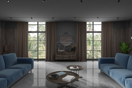 Photo for Interior of stylish living room with gray and wooden walls, marble floor, two cozy blue couches standing near round coffee tables and dark wooden dresser with round mirror above it. 3d rendering - Royalty Free Image
