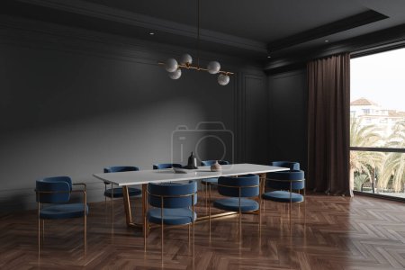 Téléchargez les photos : Dark hôtel salon intérieur avec table et fauteuils, vue latérale plancher de bois franc. Coin repas avec mobilier minimaliste. Fenêtre panoramique sur vue tropicale. rendu 3D - en image libre de droit