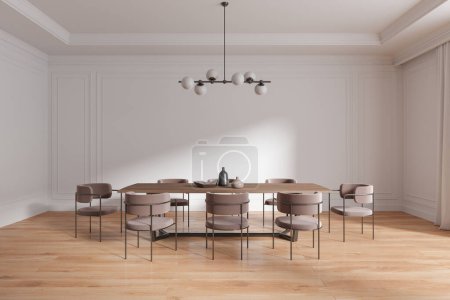 Photo for Interior of modern classic style minimalistic dining room with white walls, wooden floor and long dining table with beige chairs standing near it. 3d rendering - Royalty Free Image