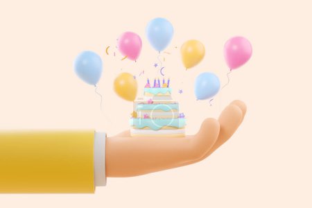 Téléchargez les photos : Main de dessin animé homme tenant gâteau d'anniversaire avec des bougies allumées et des ballons multicolores sur fond rose. Concept de fête d'anniversaire et de fête. Rendu 3d - en image libre de droit