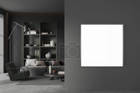Photo for Dark home living room interior with sofa and armchair, shelf with art decoration and books. Relaxing space and coffee table on carpet. Mock up square canvas poster on partition. 3D rendering - Royalty Free Image