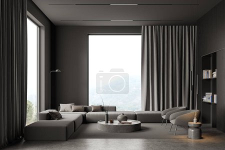 Foto de Hogar oscuro salón interior con sofá y mesa de centro con decoración de arte, alfombra en piso de hormigón gris. Relájese lugar en el apartamento con ventana panorámica en el campo. Renderizado 3D - Imagen libre de derechos