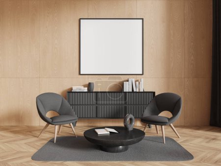 Foto de Interior de la elegante sala de estar con paredes de madera y suelo, dos cómodos sillones grises de pie cerca de la mesa de café redonda, vestidor gris y carteles de simulación cuadrados. renderizado 3d - Imagen libre de derechos