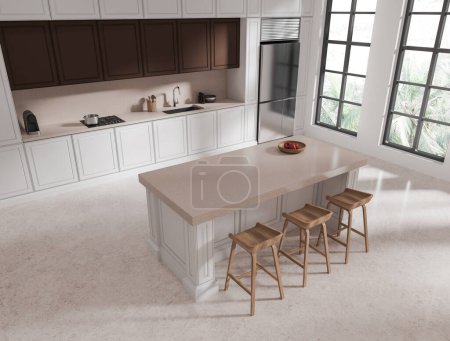 Photo for Top view of white home kitchen interior bar island on beige concrete floor. Eating and cooking corner with cabinet, refrigerator and panoramic window on tropics. 3D rendering - Royalty Free Image