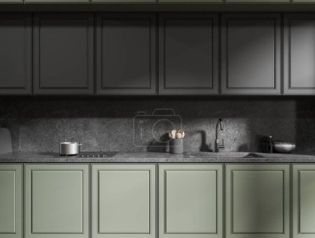 Photo for Interior of stylish kitchen with gray backsplash, gray cupboards and dark green cabinets with built in cooker and sink. Cozy home and real estate. 3d rendering - Royalty Free Image
