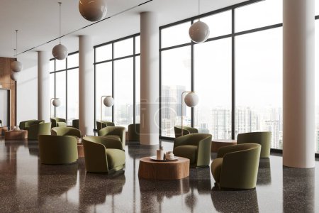 Photo for Corner view of office or hotel interior lobby with green armchairs and coffee table. Waiting and meeting area in open space loft with columns. Panoramic window on Kuala Lumpur. 3D rendering - Royalty Free Image