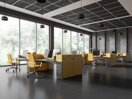 Photo for Dark business office interior with pc monitors on desk, side view yellow office armchairs in row and panoramic window. Minimalist coworking corner with furniture and technology. 3D rendering - Royalty Free Image