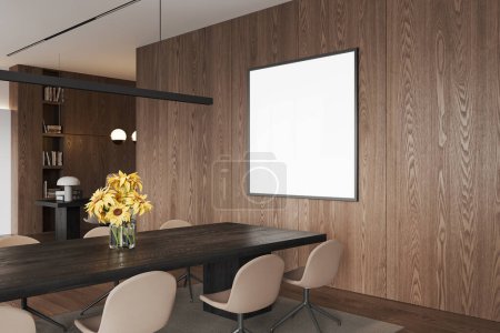 Photo for Cozy wooden conference interior with chairs and table, side view. Meeting corner with minimalist furniture and shelf with books, vase with flowers. Mock up canvas square poster. 3D rendering - Royalty Free Image