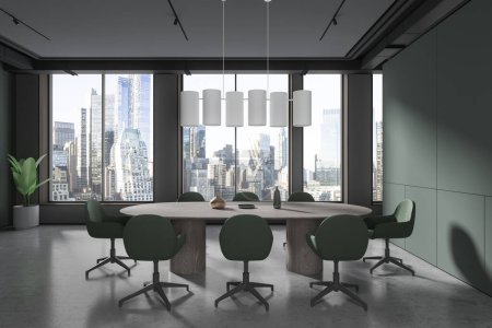 Foto de Interior oscuro de negocios con mesa de conferencias y sillas, suelo de hormigón gris. Sala de reuniones con decoración vegetal y minimalista, ventana panorámica a los rascacielos de Nueva York. Renderizado 3D - Imagen libre de derechos