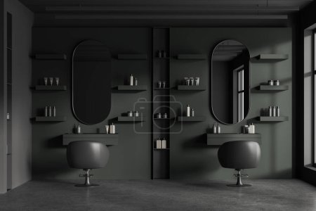 Photo for Green barber shop interior with spinning armchairs in row on grey concrete floor. Oval mirrors and mounted shelves with cosmetics. Minimalist beauty care space with furniture. 3D rendering - Royalty Free Image