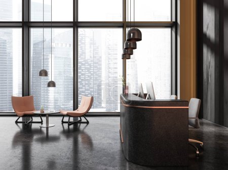 Foto de Interior oscuro de negocios con zona de salón, sillones con mesa de centro. Escritorio con ordenadores PC cerca de ventana panorámica en rascacielos. Espacio de espera en el lujoso edificio de oficinas. Renderizado 3D - Imagen libre de derechos