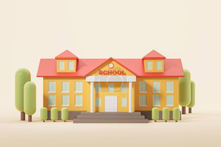 Téléchargez les photos : Bâtiment scolaire rouge et jaune avec escaliers, colonnes et arbres sur fond beige. Concept de retour à l'école, éducation, leçons et connaissances. Illustration de rendu 3D - en image libre de droit