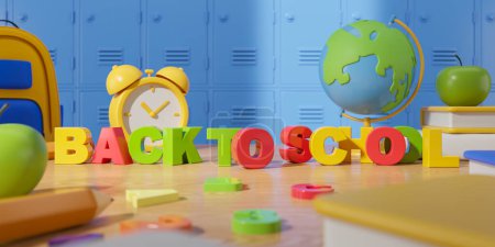 Photo for View of school table with colorful back to school text, books, backpack, globe, school supplies and blue lockers in background. Concept of education and knowledge. 3d rendering - Royalty Free Image