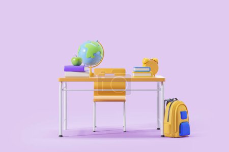 Foto de Vista de la mesa de la escuela con despertador, pilas de libros, manzana fresca, globo y mochila sobre fondo púrpura. De vuelta al concepto escolar. renderizado 3d - Imagen libre de derechos