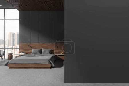 Téléchargez les photos : Sombre maison chambre à coucher lit intérieur en bois sur sol béton gris. Chambre confortable avec mobilier minimaliste et fenêtre panoramique sur les gratte-ciel. Maquette de cloison grise vide. rendu 3D - en image libre de droit