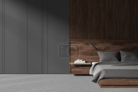 Photo for Dark home bedroom interior wooden bed on grey concrete floor. Cozy sleep room with minimalist furniture and nightstand with books. Copy space grey wall. 3D rendering - Royalty Free Image
