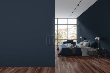Photo for Blue hotel bedroom interior bed and armchair on hardwood floor. Minimalist sleeping room with nightstand and panoramic window on tropics. Mockup empty wall partition. 3D rendering - Royalty Free Image