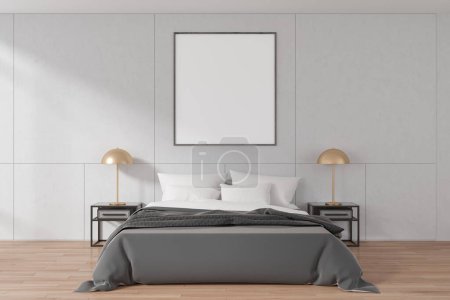Photo for White hotel bedroom interior bed and nightstand with decoration, pillow and bed sheets. Relax room with stylish design. Mock up canvas poster on wall. 3D rendering - Royalty Free Image