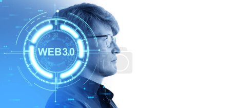 Photo for Side portrait of serious young European businessman looking at white copy space over blue background with immersive HUD web 3.0 interface. Internet network and future technology concept - Royalty Free Image