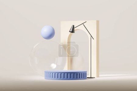 Téléchargez les photos : Podium rond bleu avec boules et mur en arc, lampe sur fond beige. Espace de copie de maquette pour la présentation du produit. rendu 3D - en image libre de droit