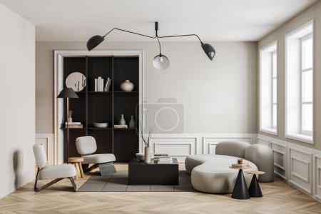Photo for White living room interior with sofa and armchairs, coffee table and shelf with art decoration, carpet on hardwood floor. Panoramic window. Mockup empty white wall, 3D rendering - Royalty Free Image