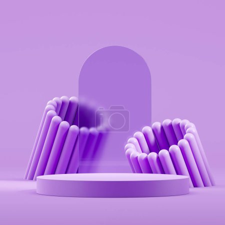 Téléchargez les photos : Plate-forme violette avec arc en verre et deux figures géométriques abstraites. Espace de copie de maquette pour l'affichage des produits, des produits publicitaires. rendu 3D - en image libre de droit