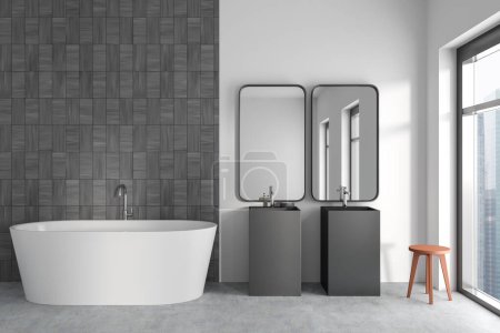 Photo for White bathroom interior with bathtub, double sink and panoramic window on city view. Bathing area with stool on grey concrete floor. Copy space tile wall. 3D rendering - Royalty Free Image