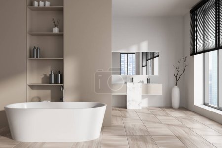 Photo for Front view on bright bathroom interior with bathtub, panoramic window with Singapore city view, sink, large mirror, shelf with shampoo and crockery, white wall, wooden tile floor. 3d rendering - Royalty Free Image