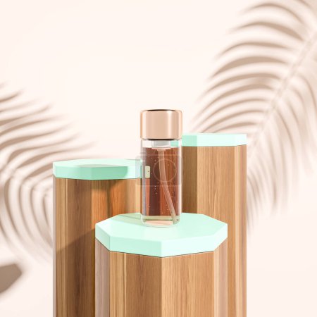 Photo for Parfume flacon on wooden podium with green top, palm shadow on beige background. Mockup for product display. 3D rendering - Royalty Free Image