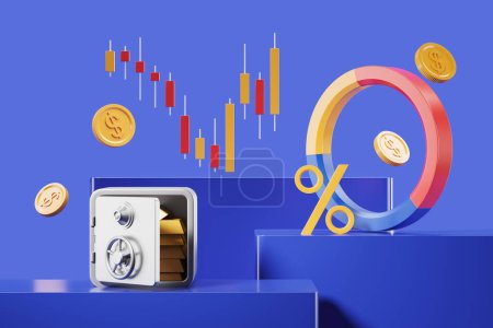 Stock market candlestick, pie chart with interest rate and metallic box with flying coins on blue podium. Concept of trading and investment. 3D rendering