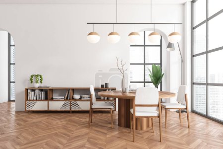 Photo for Front view on bright dining room interior with dining table, chairs, white wall, oak wooden hardwood floor, closet, panoramic window with Singapore view, two arches. Minimalist design. 3d rendering - Royalty Free Image