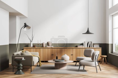 Frontansicht auf helle Wohnzimmereinrichtung mit Sofa, Sesseln, Couchtisch mit Geschirr, weißer Wand, Hartholzboden, Kommode mit Büchern, Panoramafenster. Konzept des minimalistischen Designs. 3D-Darstellung