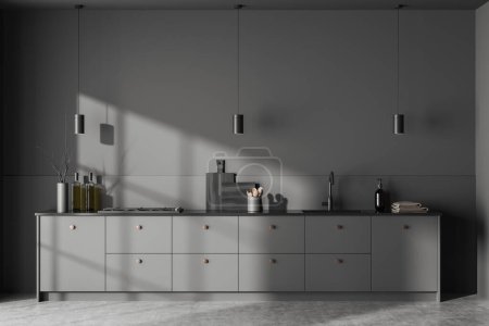 Photo for Dark kitchen interior with kitchenware on deck, grey concrete floor. Cooking space with minimalist appliances and concealed design with decor. 3D rendering - Royalty Free Image