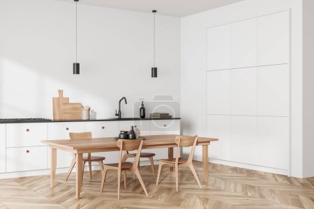 Foto de Interior de la cocina blanca con mesa de comedor y sillas, vista lateral suelo de madera. Zona de cocina y comedor con utensilios de cocina y estantes. Renderizado 3D - Imagen libre de derechos
