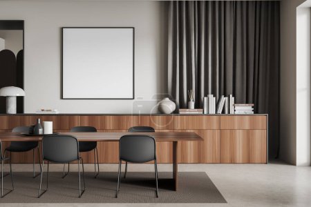 Photo for White conference room interior with chairs and board, carpet on light concrete floor. Long wooden drawer with books and decoration. Mockup square canvas poster. 3D rendering - Royalty Free Image