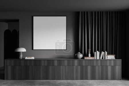 Photo for Front view on dark living room interior with empty white poster, dresser, closet, crockery, book, concrete floor, arch, curtain, grey wall, vase. Concept of minimalist design. Mock up. 3d rendering - Royalty Free Image