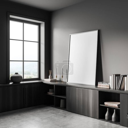 Photo for Dark gallery corner interior with black wooden dresser. Modern art decoration, side view panoramic window on countryside. Mock up canvas poster. 3D rendering - Royalty Free Image