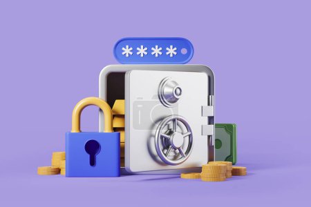 Photo for Metallic safe box with lock and password, gold bars with coins and banknotes storage on purple background. Concept of money and protection. 3D rendering - Royalty Free Image