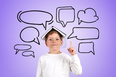 Photo for Smart school boy with a book on head, index finger pointing up different empty speech and thought bubble on purple background. Concept of idea and plan - Royalty Free Image