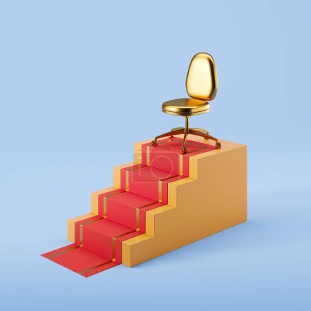 Foto de Sillón de oro y escalera con alfombra roja. Concepto de trabajo y logro. Renderizado 3D - Imagen libre de derechos