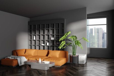 Photo for Dark living room interior with sofa in the corner, minimalist shelf with art decoration, side view. Panoramic window on skyscrapers. 3D rendering - Royalty Free Image