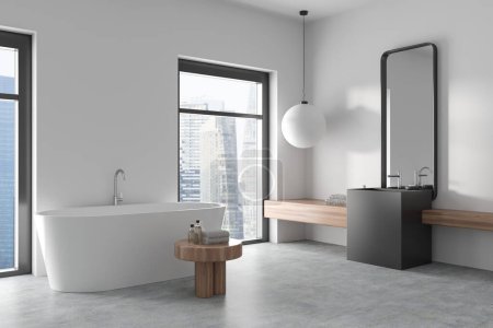 Photo for Corner view on bright bathroom interior with bathtub, stool with towel and shampoo, panoramic windows, white walls, concrete floor, shelf, large mirror, sink, lamp. 3d rendering - Royalty Free Image
