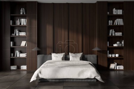Photo for Dark bedroom interior bed and shelf with books and decoration, brown tile floor. Copy space empty wooden wall. 3D rendering - Royalty Free Image